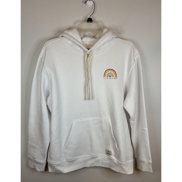 LIFE IS GOOD Women Cloud White Rainbow Heart Hoodie Large Sweatshirt Pullover - Picture 1 of 10